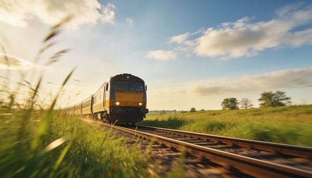Diesel passenger train running through golden hour countryside on single track rails