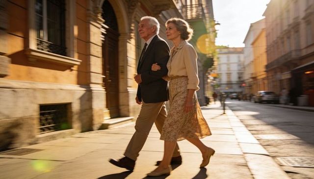 Elegant senior couple strolling arm-in-arm through sunlit historic european city street