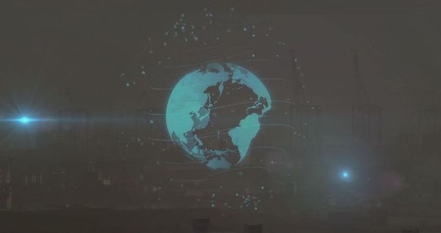 Futuristic glowing holographic globe above substation at night