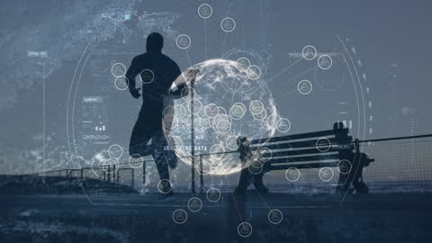 Digital Globe Interface Overlay Fit Man Running on Promenade