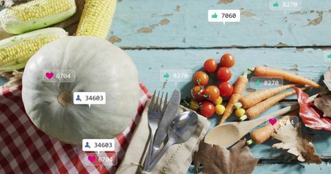 Farm-to-table autumn harvest still life featuring social media likes and followers