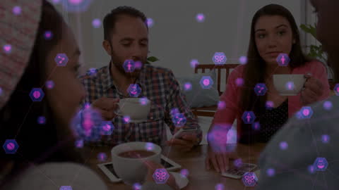 Diverse Group Discussing Overlapping Digital Interface Elements