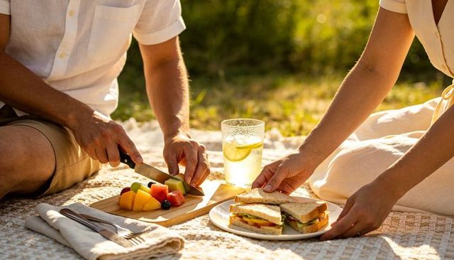 Couple enjoying sunlit picnic cutting fresh fruit and arranging sandwiches on blanket