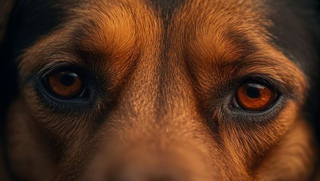 Dog staring close-up revealing amber eyes and textured fur