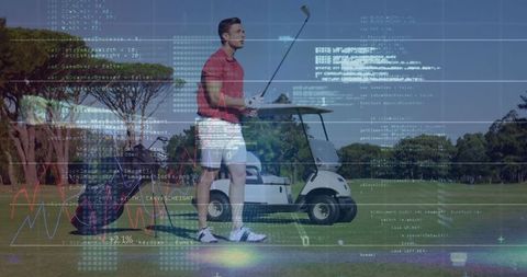 Golfer analyzing swing data on course with club in hand