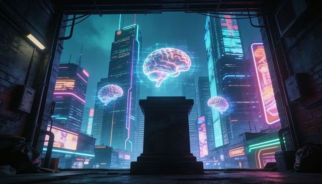 Cyberpunk holographic brains hovering above stone pedestal in neon metropolis alley