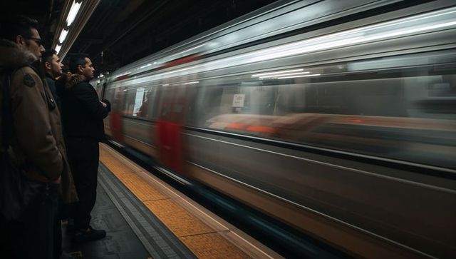 Racing silver subway train passing platform with commuters waiting in winter coats