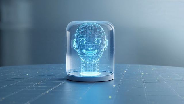 Projecting holographic AI head inside glass dome on futuristic blue grid laboratory table