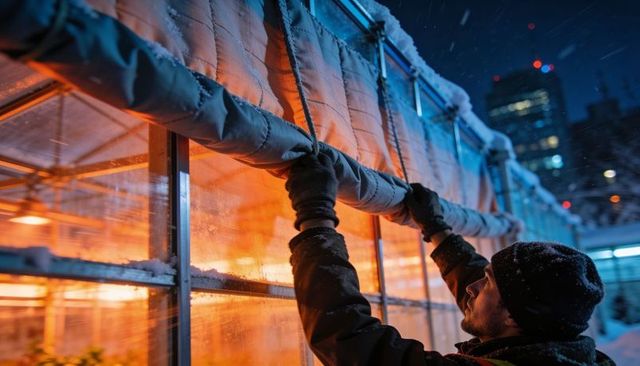 Night worker pulling insulated curtain on snowy greenhouse wall with warm interior glow