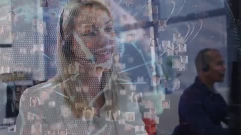 Businesswoman Analyzing Digital Profiles on Futuristic Interface