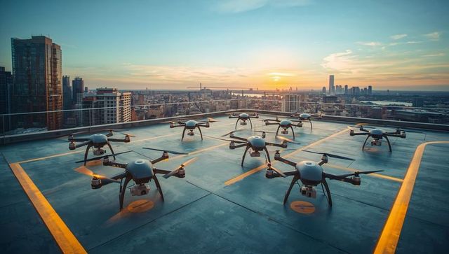 Rooftop Drone Fleet Resting on Urban Helipad at Sunset Over River and City Skyline