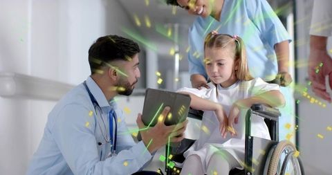 Healthcare professional guiding young patient in hospital