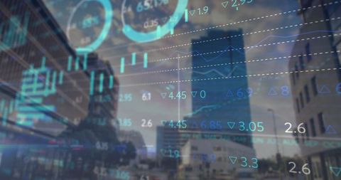 Futuristic City Financial Stocks Data Overlay