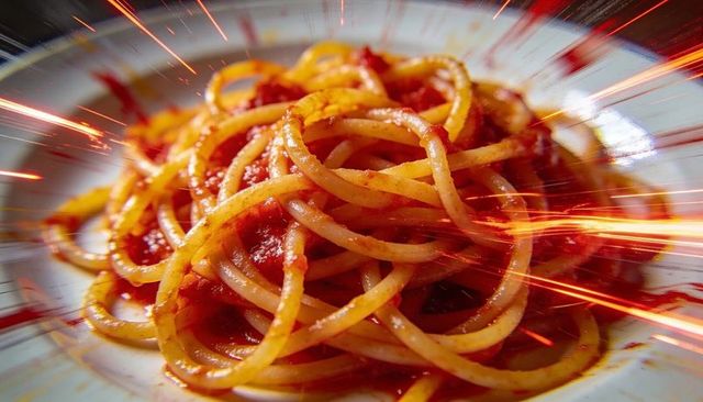 Spaghetti with rich tomato sauce and dynamic orange-red light streaks closeup culinary energy