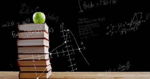Mathematical Equations on Blackboard with Books and Apple for Education Concept