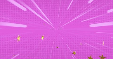 Magenta comic burst with gold stars, radiant light streaks and halftone retro pop art background