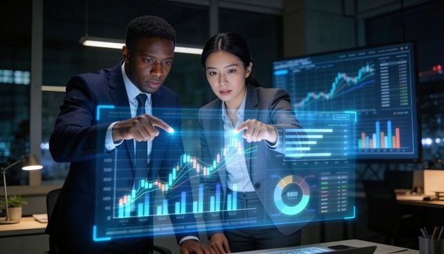Executives pointing at holographic financial charts analyzing market trends at night