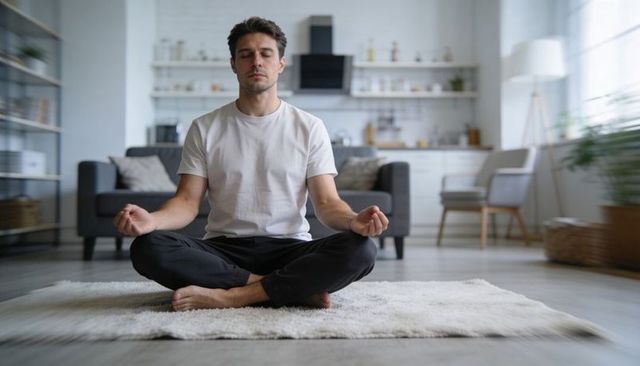 Man meditating cross-legged on white rug in sunlit modern living room practicing mindfulness and cal