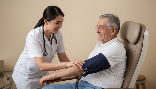 Nurse assist senior with blood pressure check in clinic