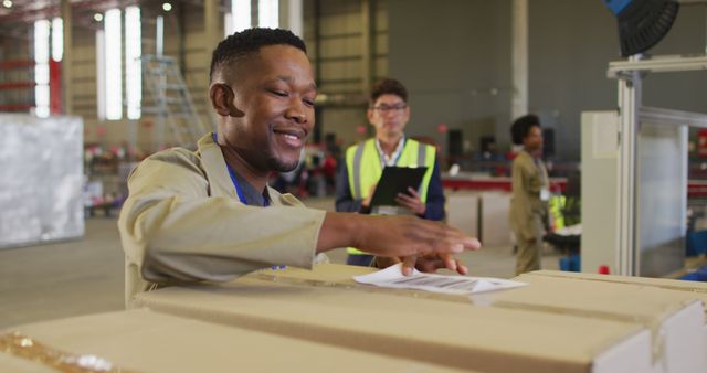 Warehouse worker in uniform placing a shipping label on a package. Background features other workers inspecting packages. Ideal for concepts related to logistics, shipping, distribution, and industrial work environments. Can be used in articles, marketing materials, promotional content illustrating warehouse operations, for B2B logistics solutions, and teamwork in industrial settings.