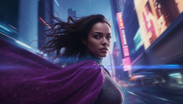 Futuristic Female Superhero in Urban Neon Jungle