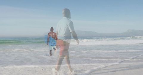 Double Exposure Surfer and Beach Walker Serenity Contrast