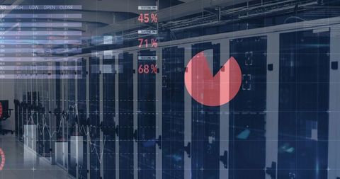 Server racks lining data center aisle displaying analytics overlay and red dashboard