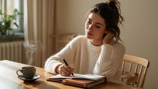 Thoughtful woman writing in leather journal at sunlit wooden table with steaming coffee