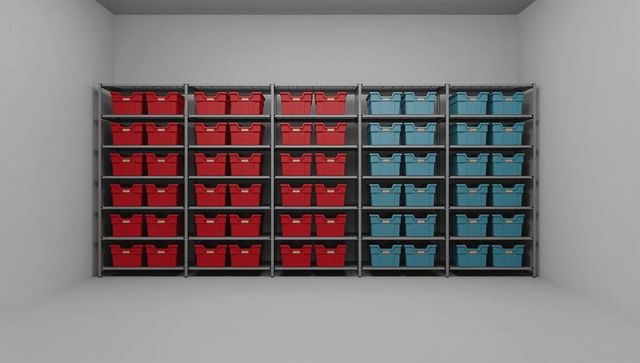 Metal shelving holding red and blue plastic bins in minimalist gray warehouse interior