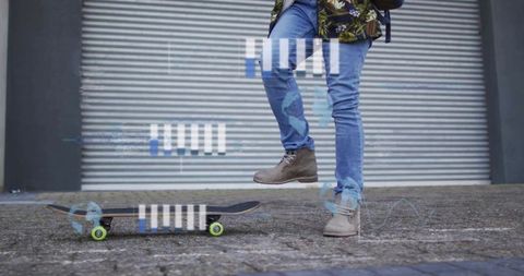 Balancing skateboarder stepping on board wearing camo jacket and boots with neon wheels