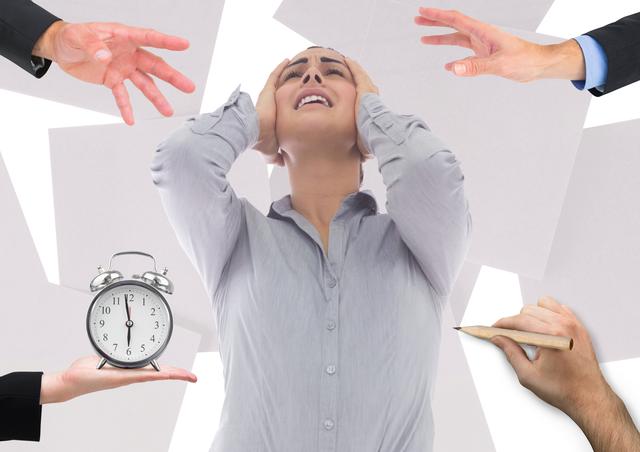 Conceptual image of businesswoman frustrated due to work load against white background