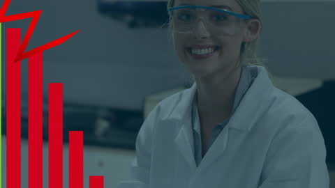 Smiling Female Scientist Analyzing Financial Data in Laboratory