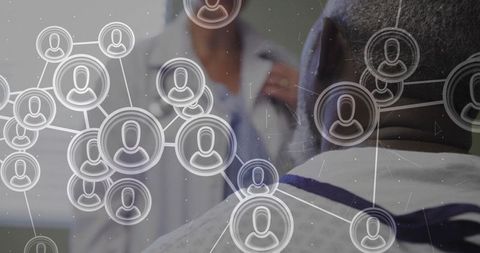 Doctor consulting male patient in clinic with digital network overlay for connected care