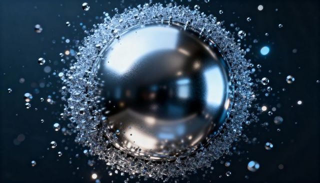 Polished chrome orb surrounded by crystal droplet halo macro detail with blue bokeh