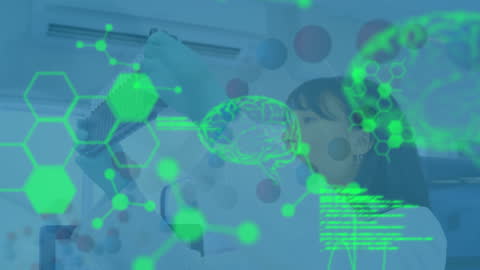 Female Scientist Analyzing Data with Digital Interface Overlay