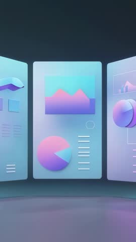 Vertical video displaying futuristic data panels looping 3D charts with neon reflections