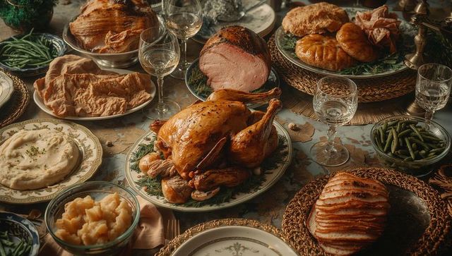 Festive holiday dining table with roasted turkey and ham