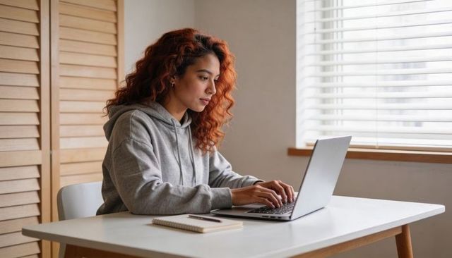 Curly red-haired woman typing on laptop in minimal home workspace