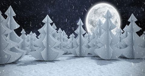 Winter Wonderland with Snowfall and Moonlit Fir Trees