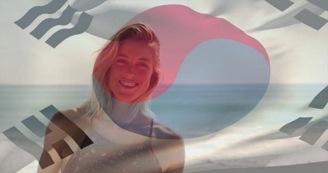 Woman at Beachfront Overlaid with Symbolic Circle and Stripes