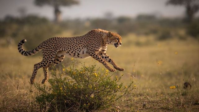 Cheetah showing agility in african savanna leap