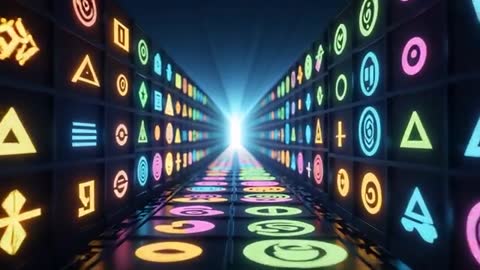 Neon Corridor with Futuristic Symbols Leading to Bright Portal