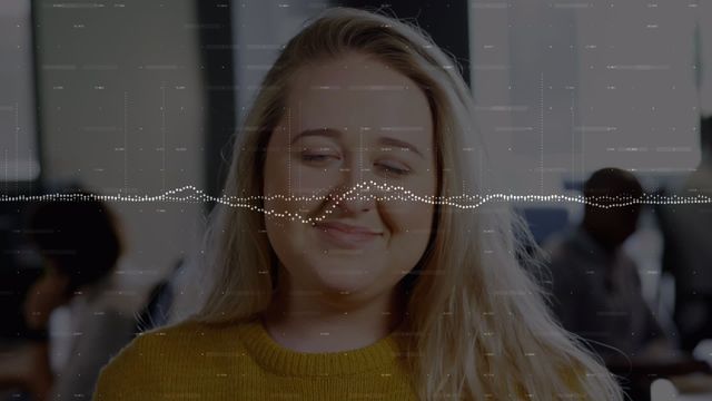 This video depicts a happy, smiling blonde woman against a backdrop of a dot-based financial graph. It represents a person content and confident, possibly due to successful financial endeavors or investment outcomes. Useful for websites, articles, or promotional material related to finance, investment, stock market success, and business growth.