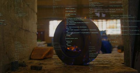 Blue-flame heating steel pipe on workshop bench with blurred welder and code overlay
