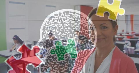 Autism Education Concept with Teacher and Puzzle Overlay