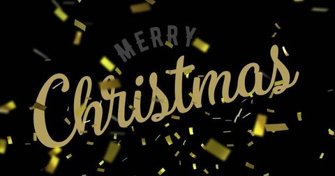 Merry christmas gold script wordmark shining on black background with falling confetti