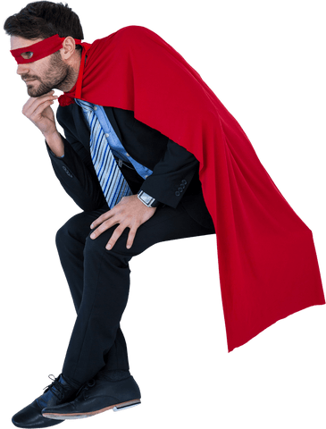thoughtful businessman in superhero cape and mask, hand on chin - Download Free Stock Videos Pikwizard.com