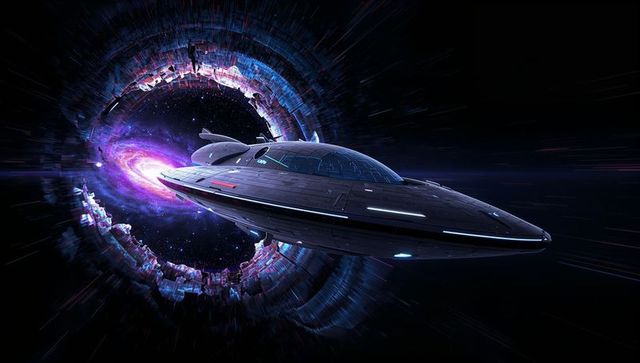Sleek starship racing through cosmic wormhole in space