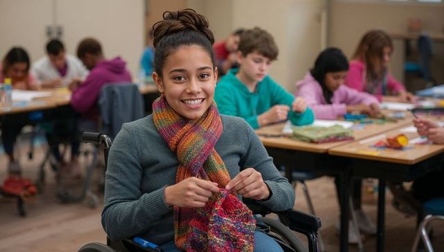 Smiling student in wheelchair knitting colorful scarf in inclusive classroom craft youth