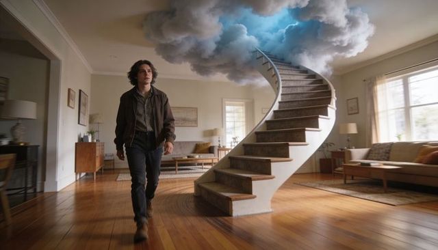 Curly-haired man walking in midcentury living room toward spiral stairs rising into glowing cloud